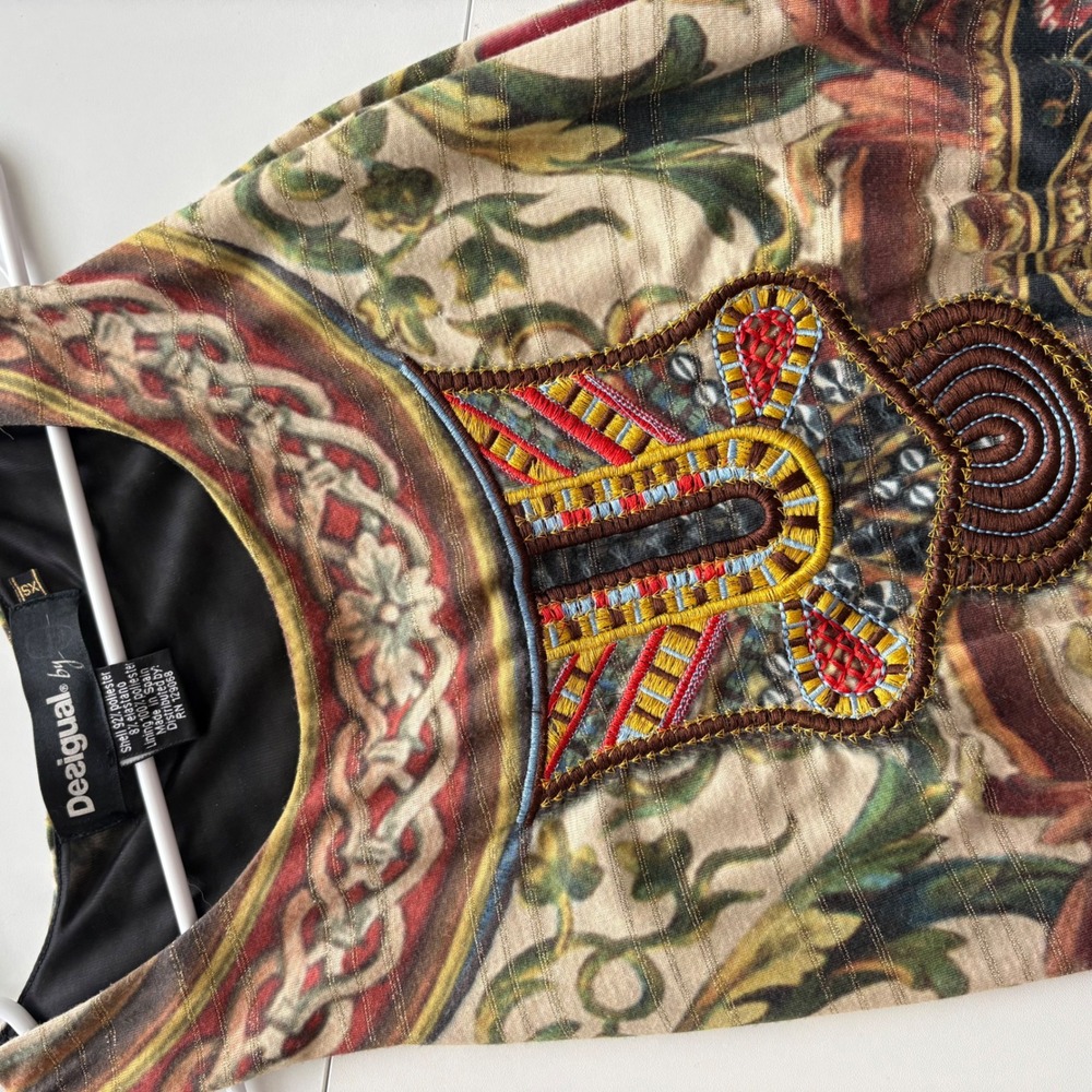 Desigual Womens Boho Embroidered Beaded Sleeveless Dress Gold Metallic Print XS - Picture 9 of 9